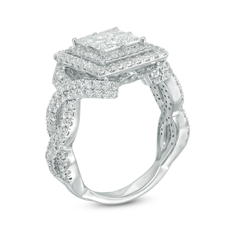 Main Image 2 of Previously Owned - 2-1/4 CT. T.W. Quad Princess-Cut Diamond Twist Shank Engagement Ring in 14K White Gold