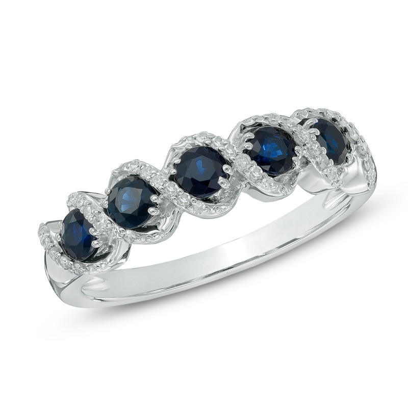 Main Image 1 of Previously Owned - Blue Sapphire and 1/10 CT. T.W. Diamond Frame Five Stone Ring in 10K White Gold