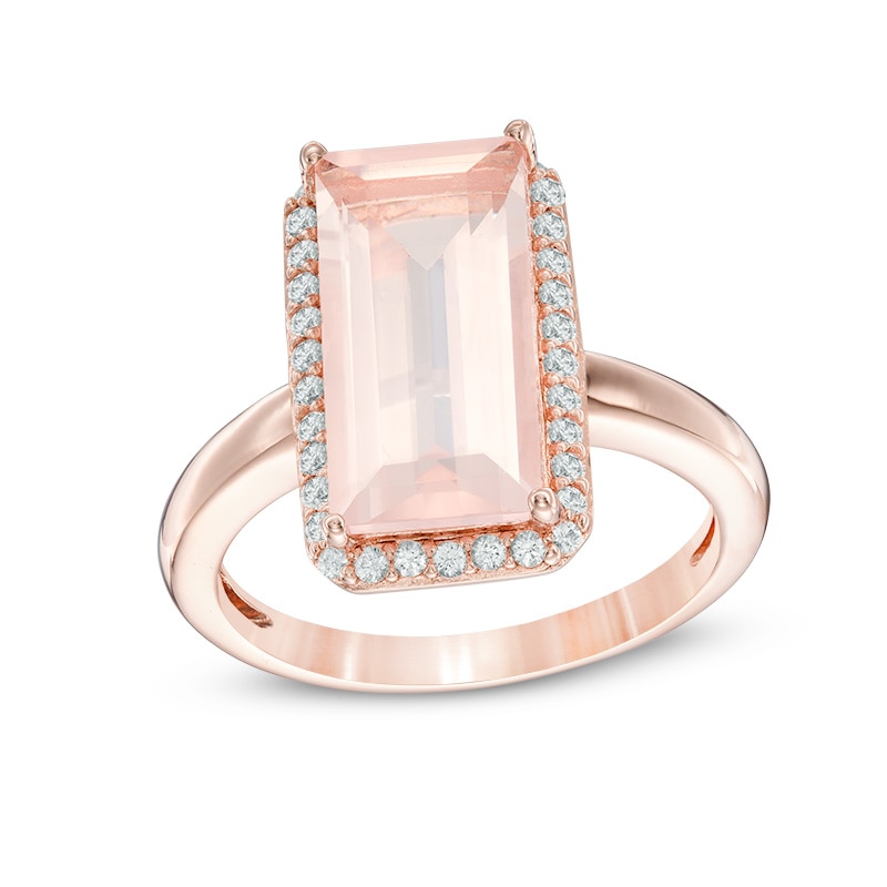 Main Image 1 of Previously Owned - Emerald-Cut Rose Quartz and Lab-Created White Sapphire Frame Ring in 10K Rose Gold