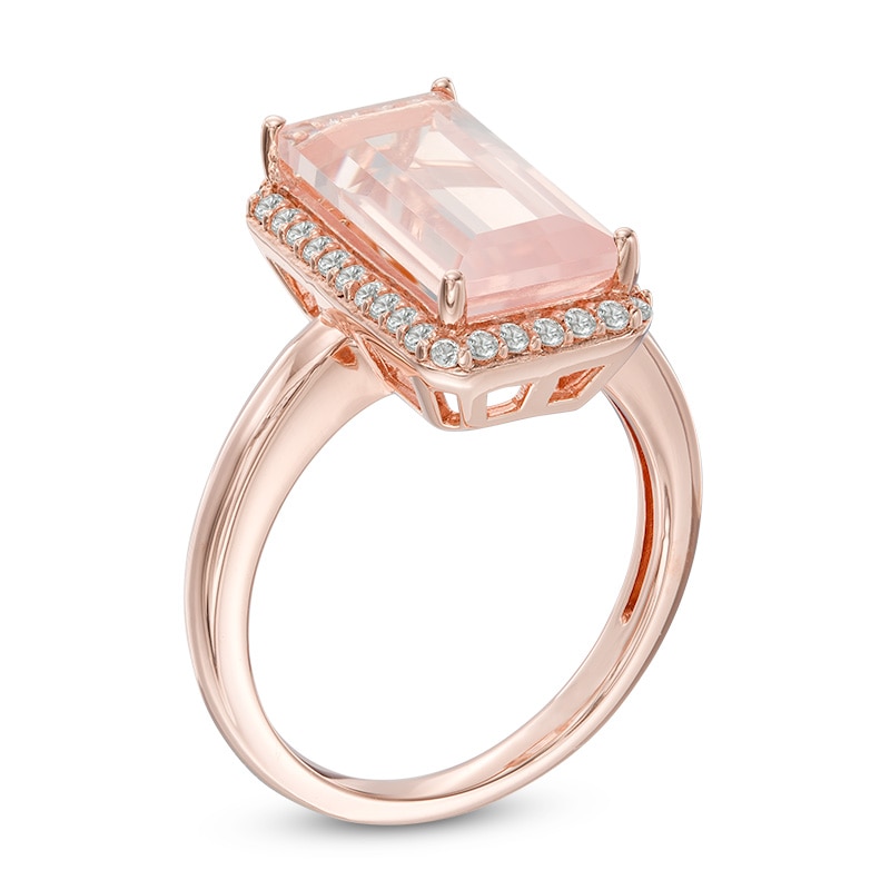 Main Image 2 of Previously Owned - Emerald-Cut Rose Quartz and Lab-Created White Sapphire Frame Ring in 10K Rose Gold