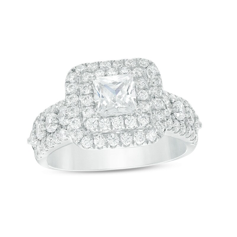 Main Image 1 of Previously Owned - 2 CT. T.W. Princess-Cut Diamond Double Frame Multi-Row Engagement Ring in 14K White Gold