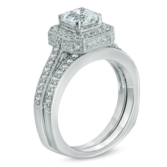 Previously Owned - 6.0mm Asscher-Cut Lab-Created White Sapphire Bridal Set in Sterling Silver