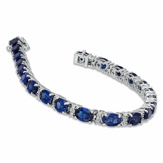 Previously Owned - Oval Lab-Created Ceylon Sapphire and Diamond Accent Bracelet Sterling Silver - 7.25"