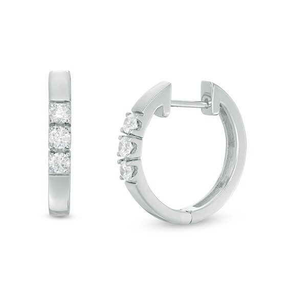Previously Owned - 3/8 CT. T.w. Diamond Three Stone Hoop Earrings in 10K White Gold