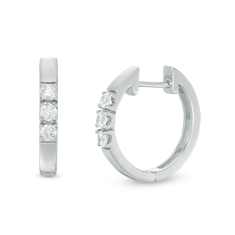 Main Image 1 of Previously Owned - 3/8 CT. T.W. Diamond Three Stone Hoop Earrings in 10K White Gold