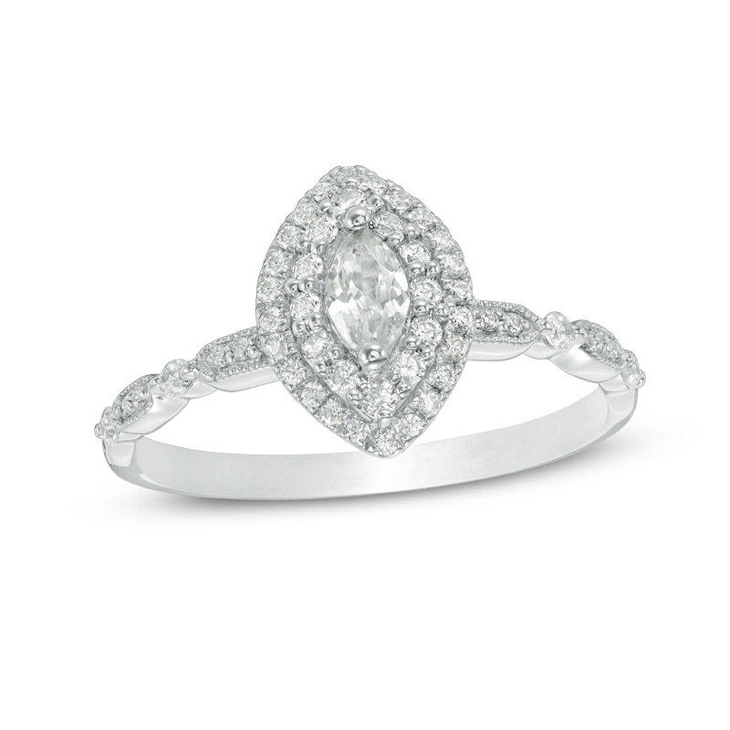 Main Image 1 of Previously Owned - 1/2 CT. T.W. Marquise Diamond Double Frame Vintage-Style Engagement Ring in 14K White Gold