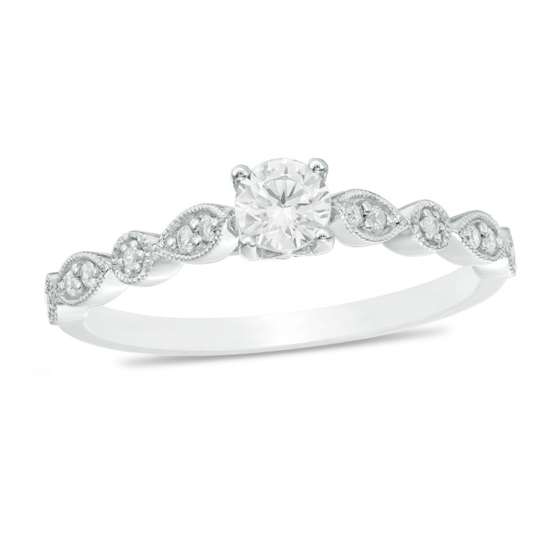 Main Image 1 of Previously Owned - 1/3 CT. T.W. Diamond Alternating Shaped Shank Vintage-Style Engagement Ring in 14K White Gold