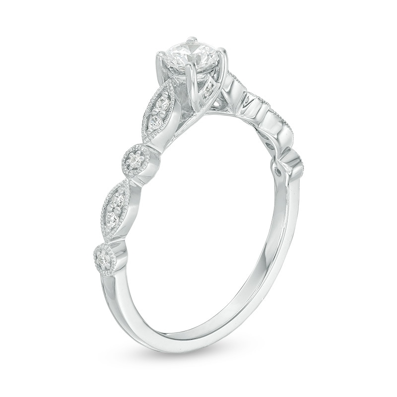 Main Image 3 of Previously Owned - 1/3 CT. T.W. Diamond Alternating Shaped Shank Vintage-Style Engagement Ring in 14K White Gold