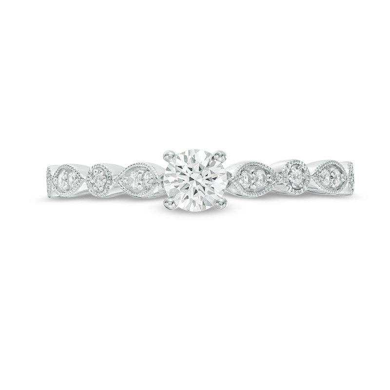 Main Image 4 of Previously Owned - 1/3 CT. T.W. Diamond Alternating Shaped Shank Vintage-Style Engagement Ring in 14K White Gold