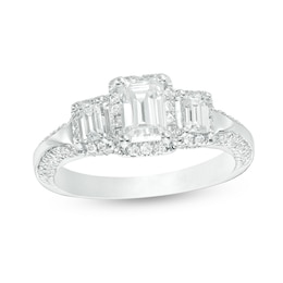 Previously Owned - 1-5/8 CT. T.W. Emerald-Cut Diamond Past Present Future® Frame Engagement Ring in 14K White Gold
