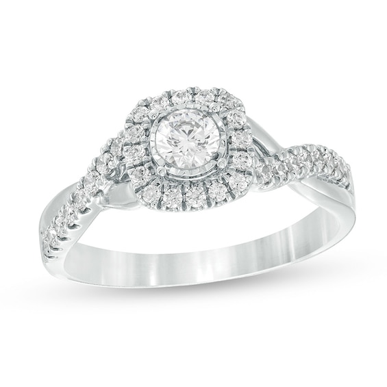 Previously Owned - 5/8 CT. T.w. Diamond Cushion Frame Twist Shank Engagement Ring in 10K White Gold