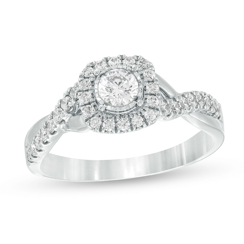 Main Image 1 of Previously Owned - 5/8 CT. T.W. Diamond Cushion Frame Twist Shank Engagement Ring in 10K White Gold