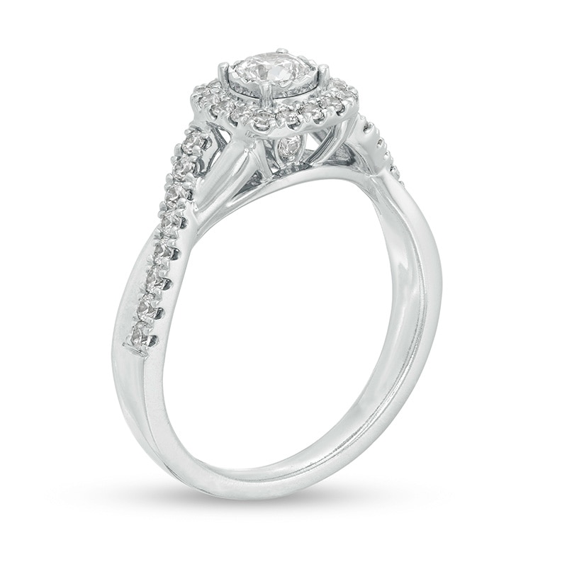 Main Image 2 of Previously Owned - 5/8 CT. T.W. Diamond Cushion Frame Twist Shank Engagement Ring in 10K White Gold
