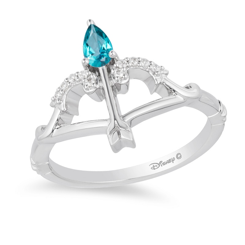 Main Image 1 of Previously Owned - Enchanted Disney Merida Pear-Shaped Blue Topaz and 1/20 CT. T.W. Diamond Bow and Arrow Ring