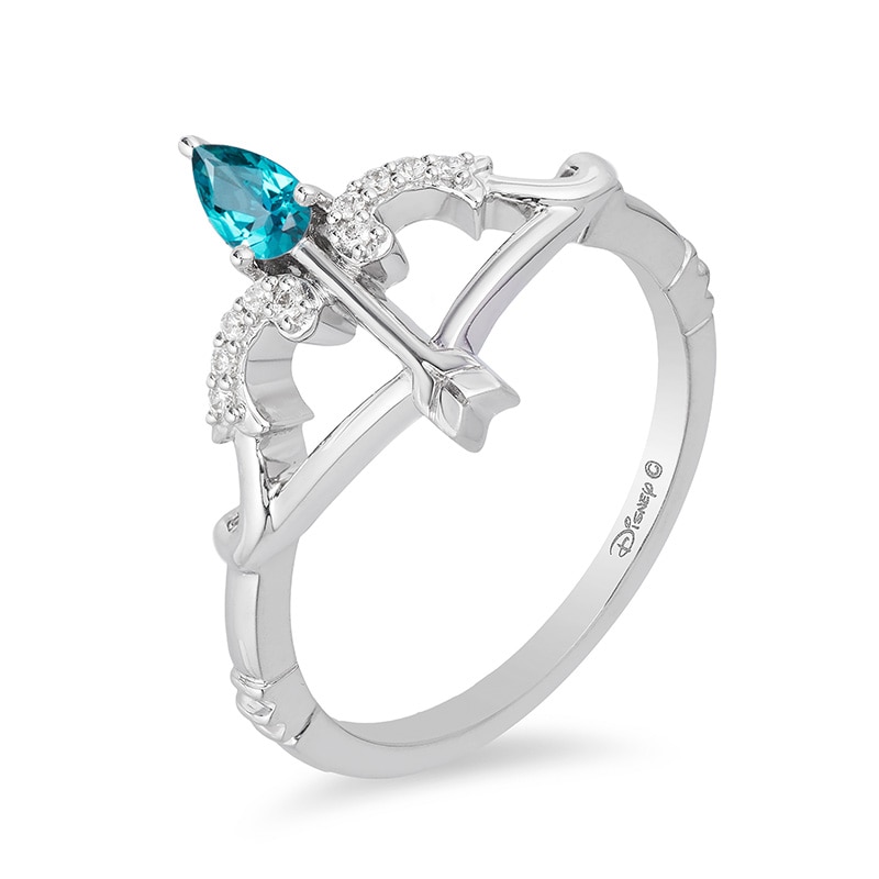 Main Image 2 of Previously Owned - Enchanted Disney Merida Pear-Shaped Blue Topaz and 1/20 CT. T.W. Diamond Bow and Arrow Ring