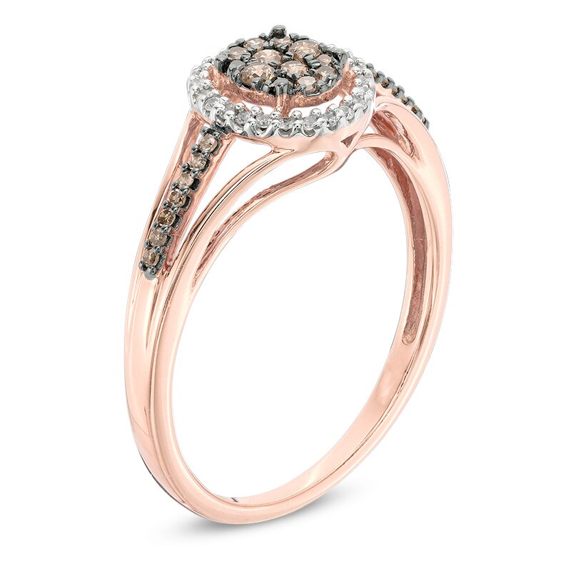 Main Image 2 of Previously Owned - 1/4 CT. T.W. Champagne and White Composite Diamond Oval Frame Split Shank Ring in 10K Rose Gold