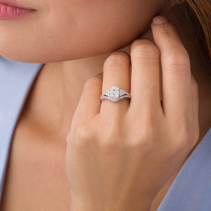 Main Image 3 of Previously Owned - 1/2 CT. T.W. Oval Composite Diamond Tri-Sides Ring in 10K White Gold