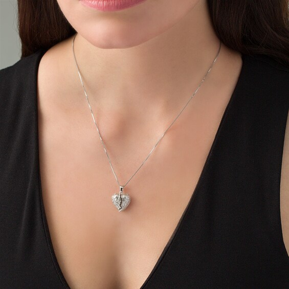 Previously Owned - Lab-Created White Sapphire Angel Wings Heart Locket in Sterling Silver