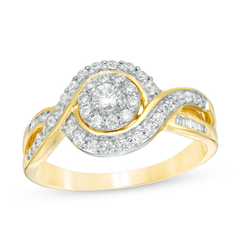 Main Image 1 of Previously Owned - 1/2 CT. T.W. Diamond Frame Swirl Bypass Ring in 10K Gold