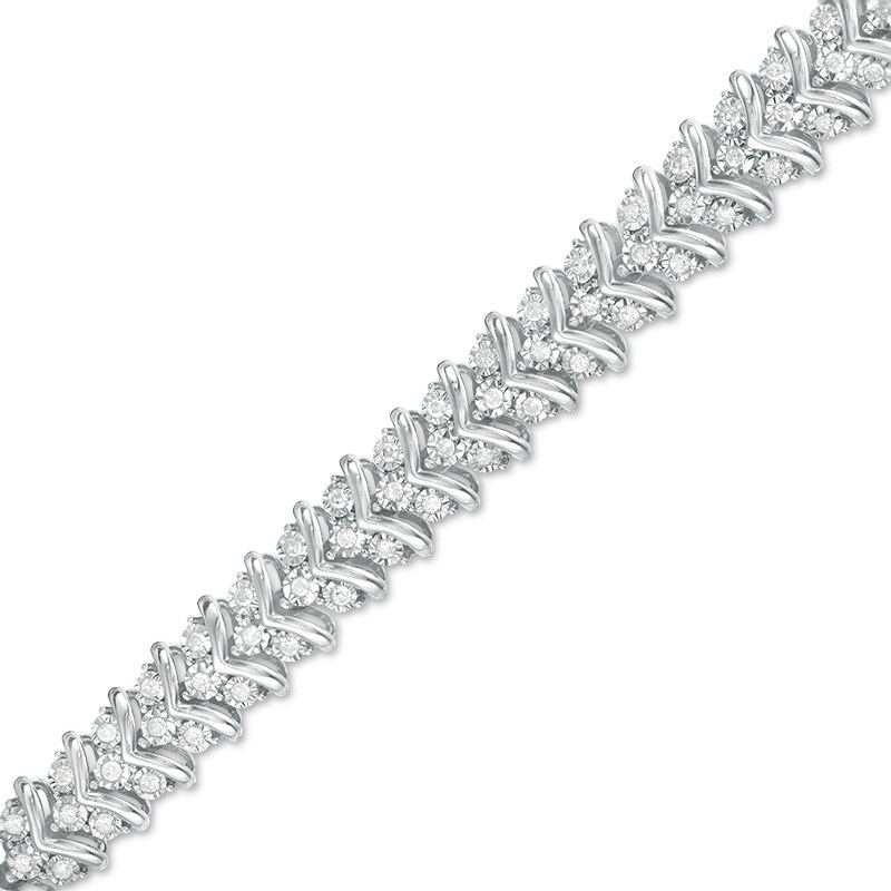 Main Image 1 of Previously Owned - 1 CT. T.W. Diamond Three Stone Chevron Bracelet in Sterling Silver - 7.5"