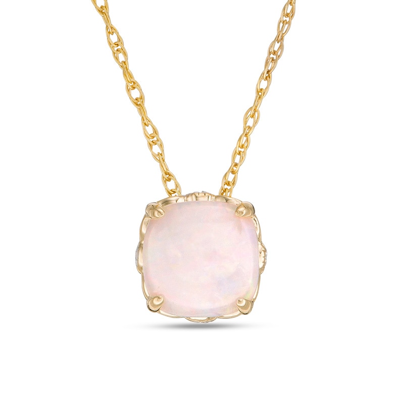 Main Image 1 of Previously Owned - 6.0mm Cushion-Cut Opal and Diamond Accent Filigree Vintage-Style Pendant in 10K Gold