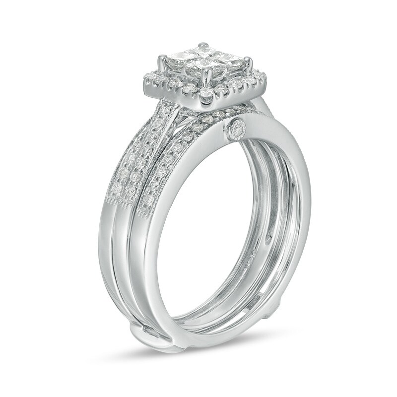 Main Image 2 of Previously Owned - 3/4 CT. T.W. Quad Princess-Cut Diamond Frame Vintage-Style Bridal Set in 10K White Gold