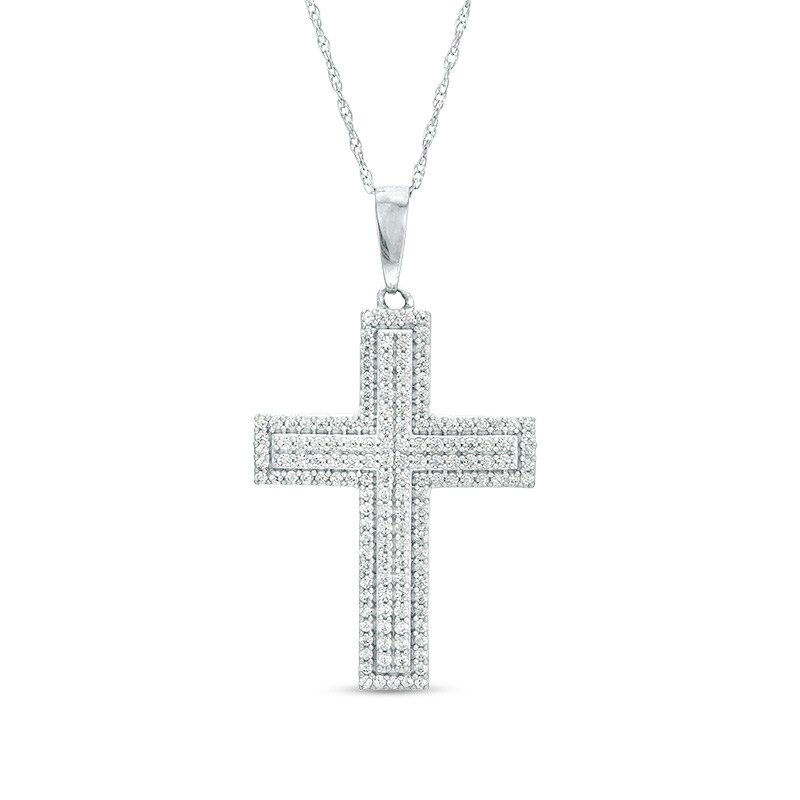 Main Image 1 of Previously Owned - 3/8 CT. T.W. Diamond Cross Pendant in 10K White Gold