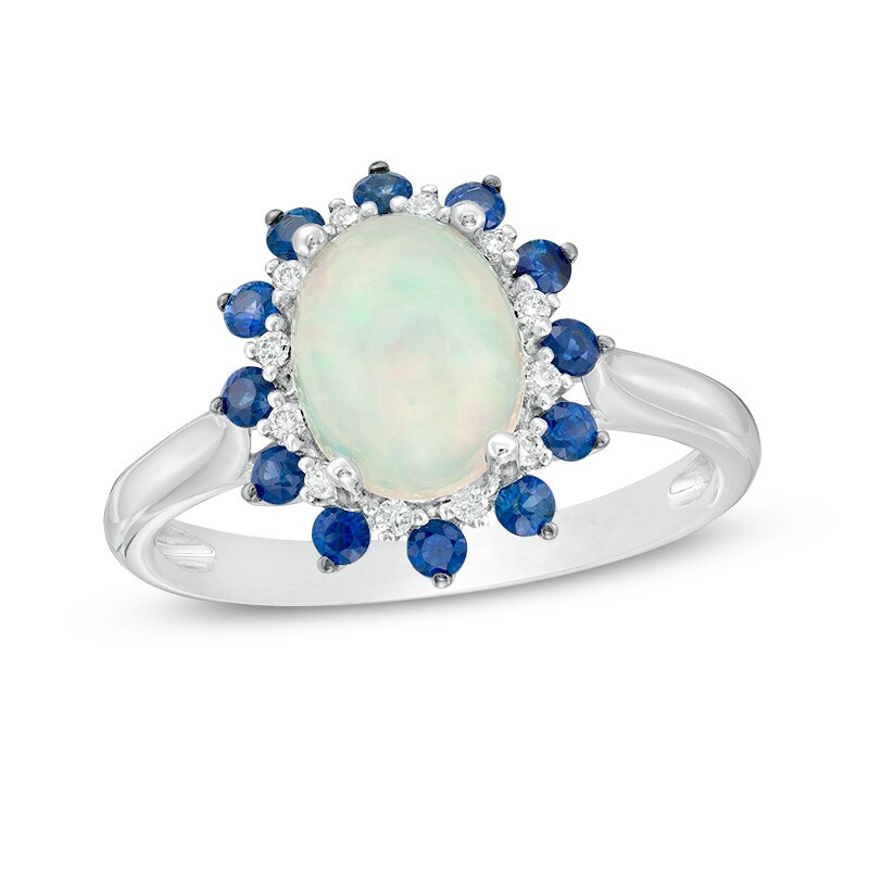 Main Image 1 of Previously Owned - Oval Opal, Blue Sapphire and 1/15 CT. T.W. Diamond Double Sunburst Frame Ring in 10K White Gold