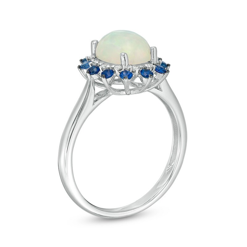 Main Image 3 of Previously Owned - Oval Opal, Blue Sapphire and 1/15 CT. T.W. Diamond Double Sunburst Frame Ring in 10K White Gold