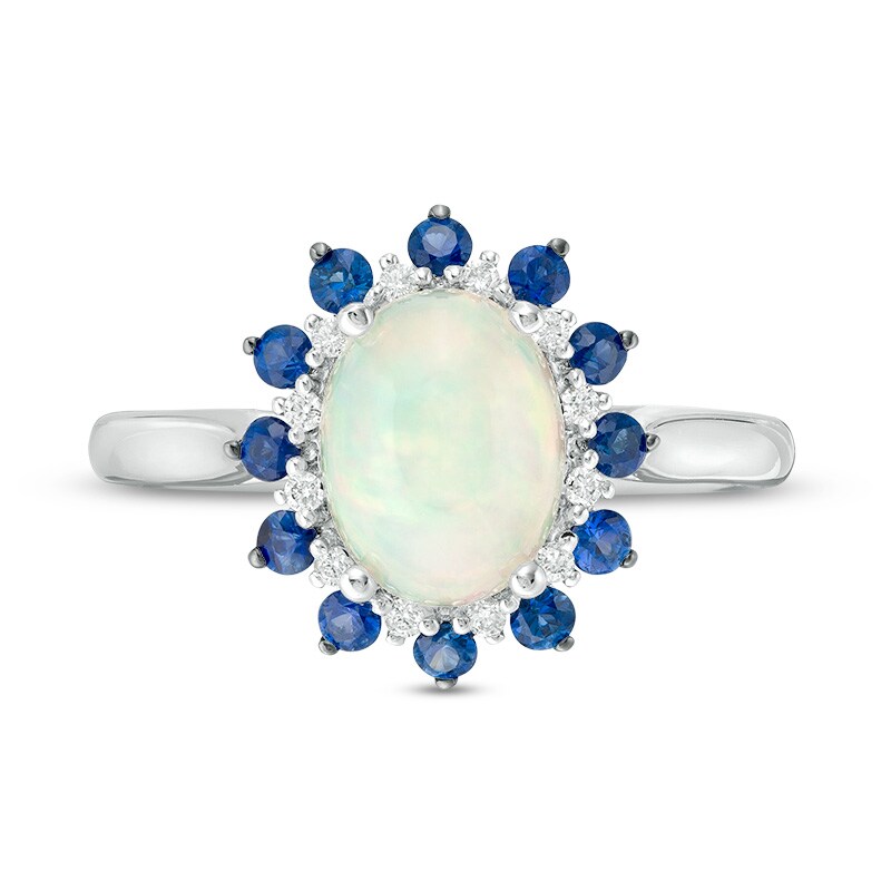 Main Image 4 of Previously Owned - Oval Opal, Blue Sapphire and 1/15 CT. T.W. Diamond Double Sunburst Frame Ring in 10K White Gold