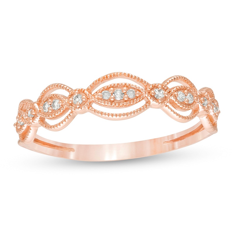 Main Image 1 of Previously Owned - 1/15 CT. T.W. Diamond Art Deco Vintage-Style Anniversary Ring in 10K Rose Gold