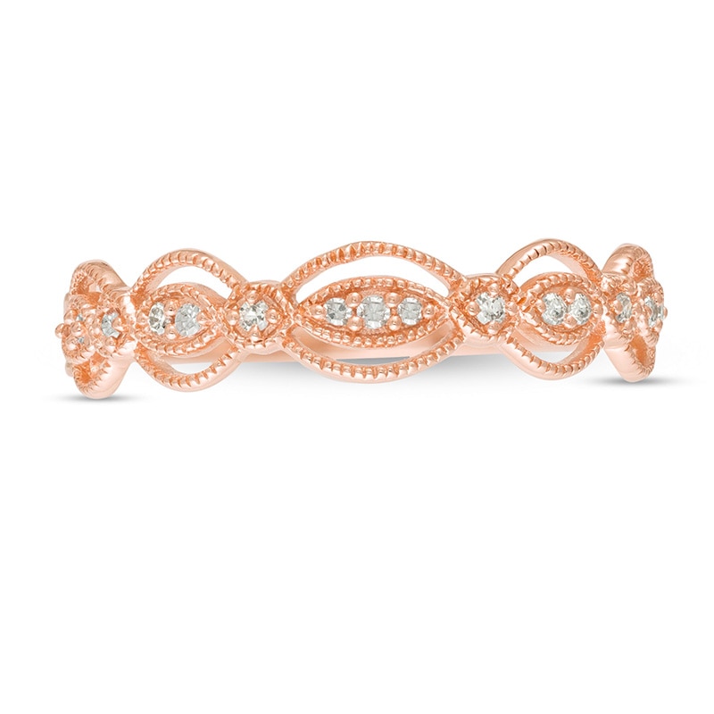 Main Image 4 of Previously Owned - 1/15 CT. T.W. Diamond Art Deco Vintage-Style Anniversary Ring in 10K Rose Gold