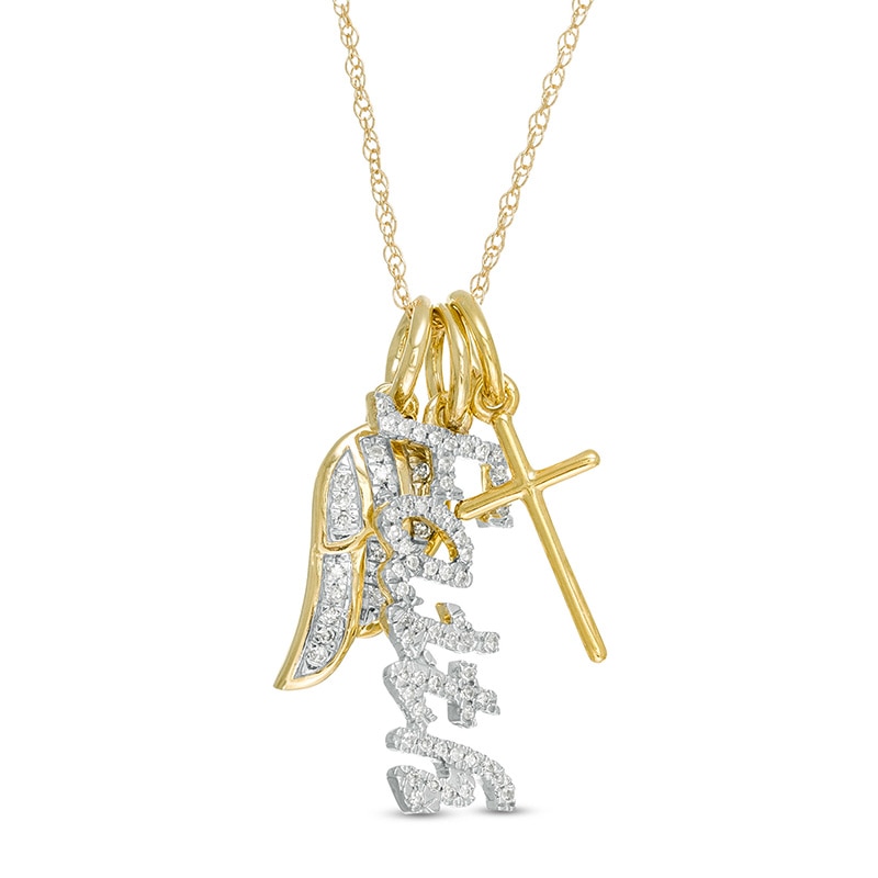 Main Image 1 of Previously Owned - 1/15 CT. T.W. Diamond Wing, Cross, and "Faith" Charm Pendant in 10K Gold