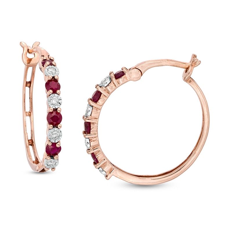Main Image 1 of Previously Owned - Alternating Ruby and 1/15 CT. T.W. Diamond Hoop Earrings in 10K Rose Gold