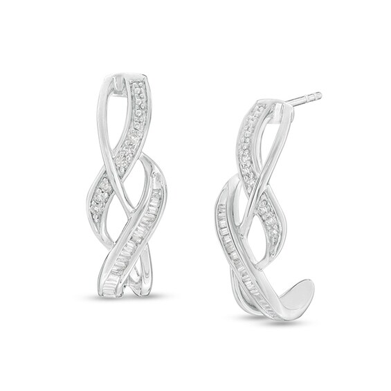 Previously Owned - 1/5 CT. T.w. Diamond Twist J-Hoop Earrings in Sterling Silver
