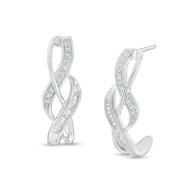 Main Image 1 of Previously Owned - 1/5 CT. T.W. Diamond Twist J-Hoop Earrings in Sterling Silver