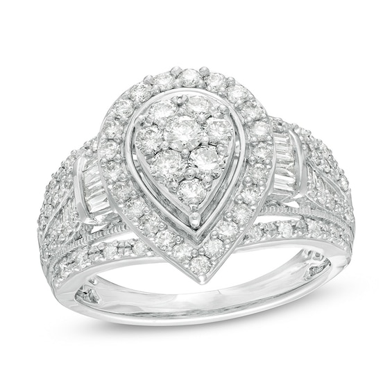 Previously Owned - 1 CT. T.w. Composite Diamond Pear Frame Multi-Row Engagement Ring in 10K White Gold