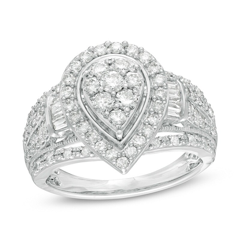 Main Image 1 of Previously Owned - 1 CT. T.W. Composite Diamond Pear Frame Multi-Row Engagement Ring in 10K White Gold