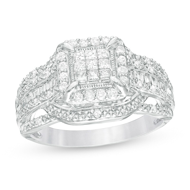 Main Image 1 of Previously Owned - 1/2 CT. T.W. Composite Diamond Square Frame Vintage-Style Engagement Ring in 10K White Gold