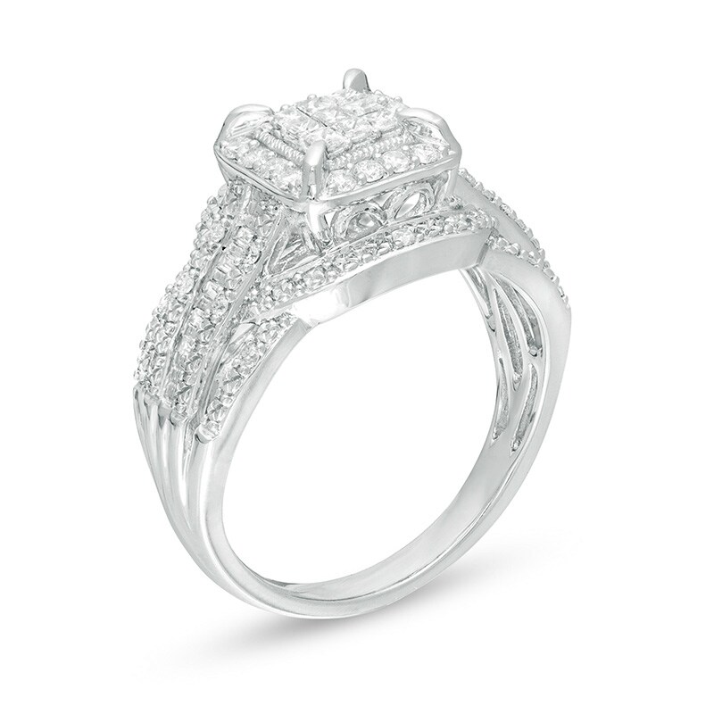 Main Image 2 of Previously Owned - 1/2 CT. T.W. Composite Diamond Square Frame Vintage-Style Engagement Ring in 10K White Gold