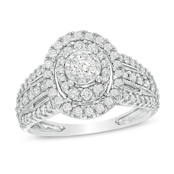 Previously Owned - 1 CT. T.w. Diamond Double Oval Frame Vintage-Style Engagement Ring in 10K White Gold