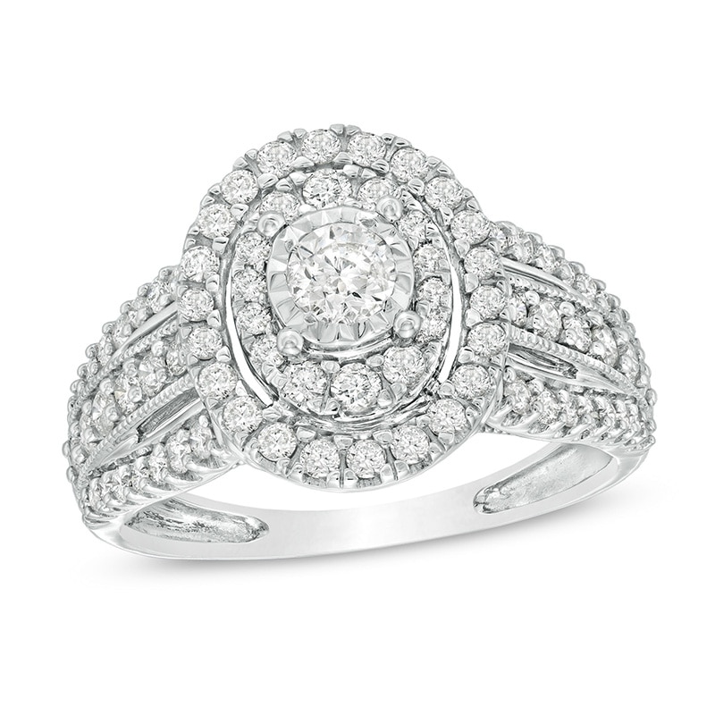 Main Image 1 of Previously Owned - 1 CT. T.W. Diamond Double Oval Frame Vintage-Style Engagement Ring in 10K White Gold