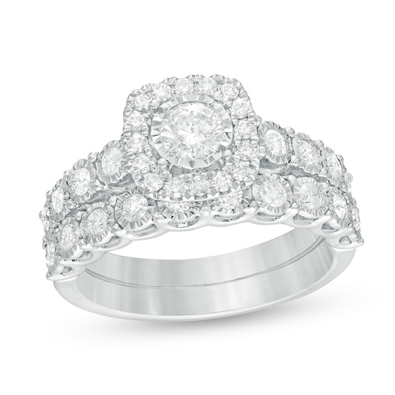 Previously Owned - 1 CT. T.w. Diamond Cushion Frame Bridal Set in 10K White Gold