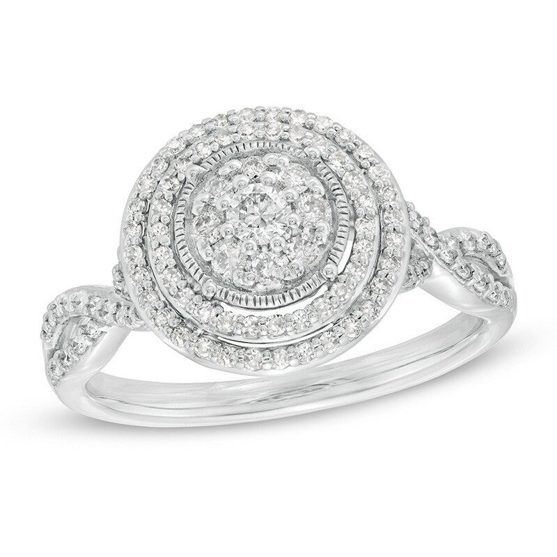 Main Image 1 of Previously Owned - 1/2 CT. T.W. Diamond Double Frame Twist Engagement Ring in 10K White Gold