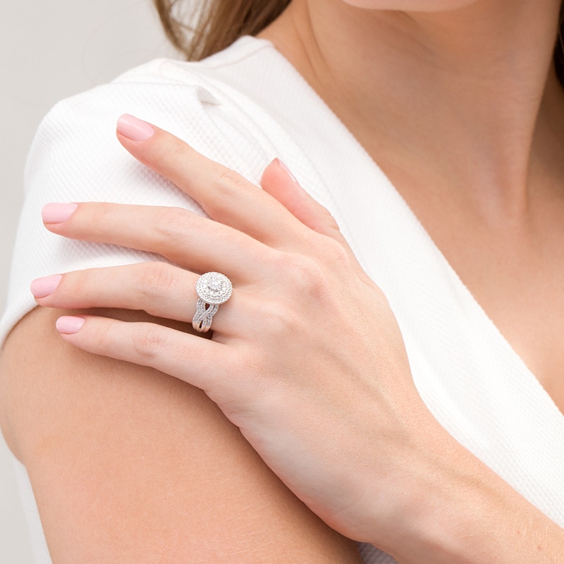 Main Image 2 of Previously Owned - 1 CT. T.W. Diamond Double Frame Vintage-Style Engagement Ring in 10K White Gold