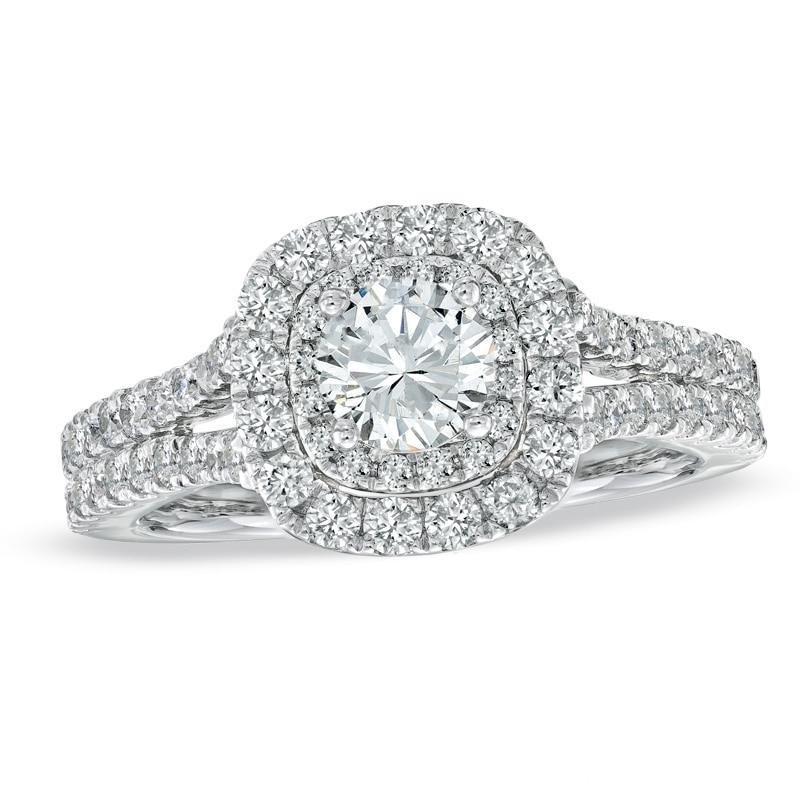 Main Image 1 of Previously Owned - Vera Wang Love Collection 1-1/2 CT. T.W. Diamond Frame Split Shank Engagement Ring in 14K White Gold