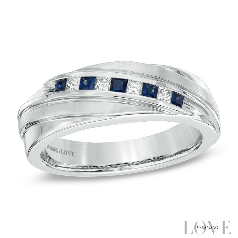 Main Image 1 of Previously Owned - Vera Wang Men's Blue Sapphire and 1/6 CT. T.W. Diamond Slant Band in 14K White Gold