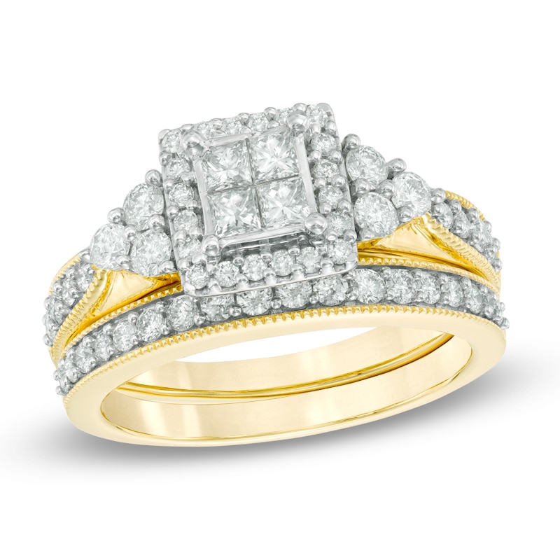 Main Image 1 of Previously Owned - 1 CT. T.W. Princess-Cut Quad Diamond Frame Tri-Sides Bridal Set in 10K Two-Tone Gold