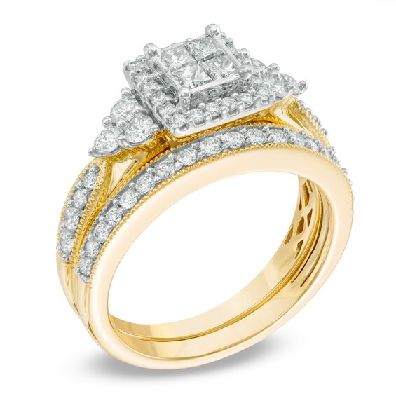 Previously Owned - 1 CT. T.w. Princess-Cut Quad Diamond Frame Tri-Sides Bridal Set in 10K Two-Tone Gold