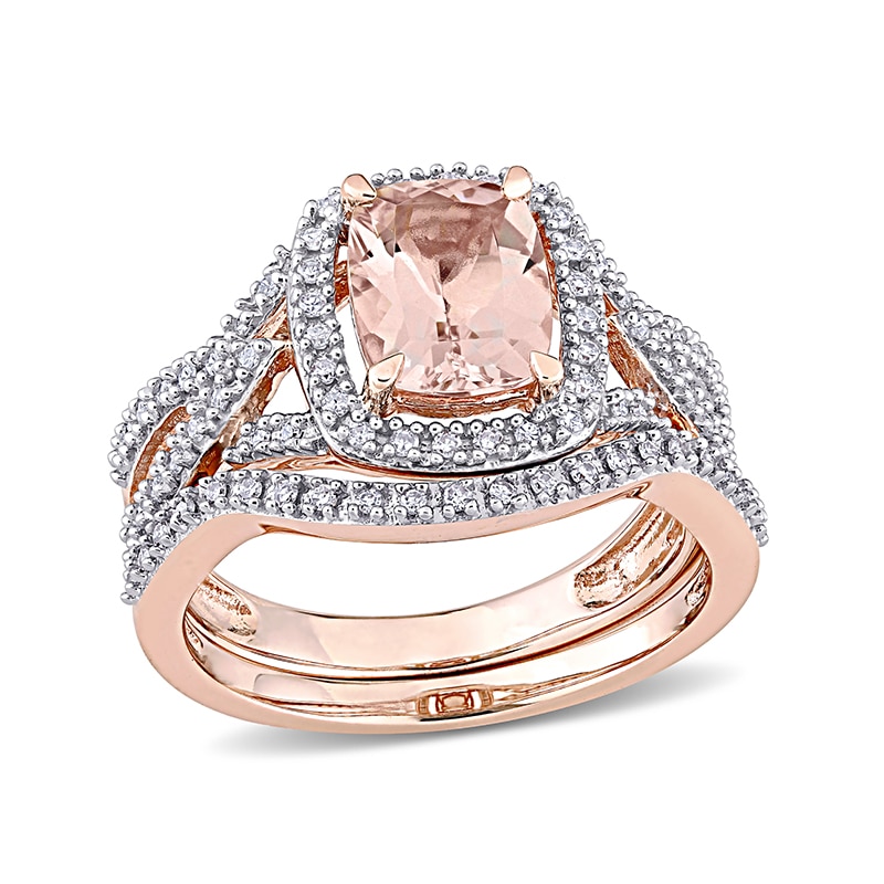 Main Image 1 of Previously Owned - Cushion-Cut Morganite and 1/4 CT. T.W. Diamond Frame Bridal Set in 10K Rose Gold